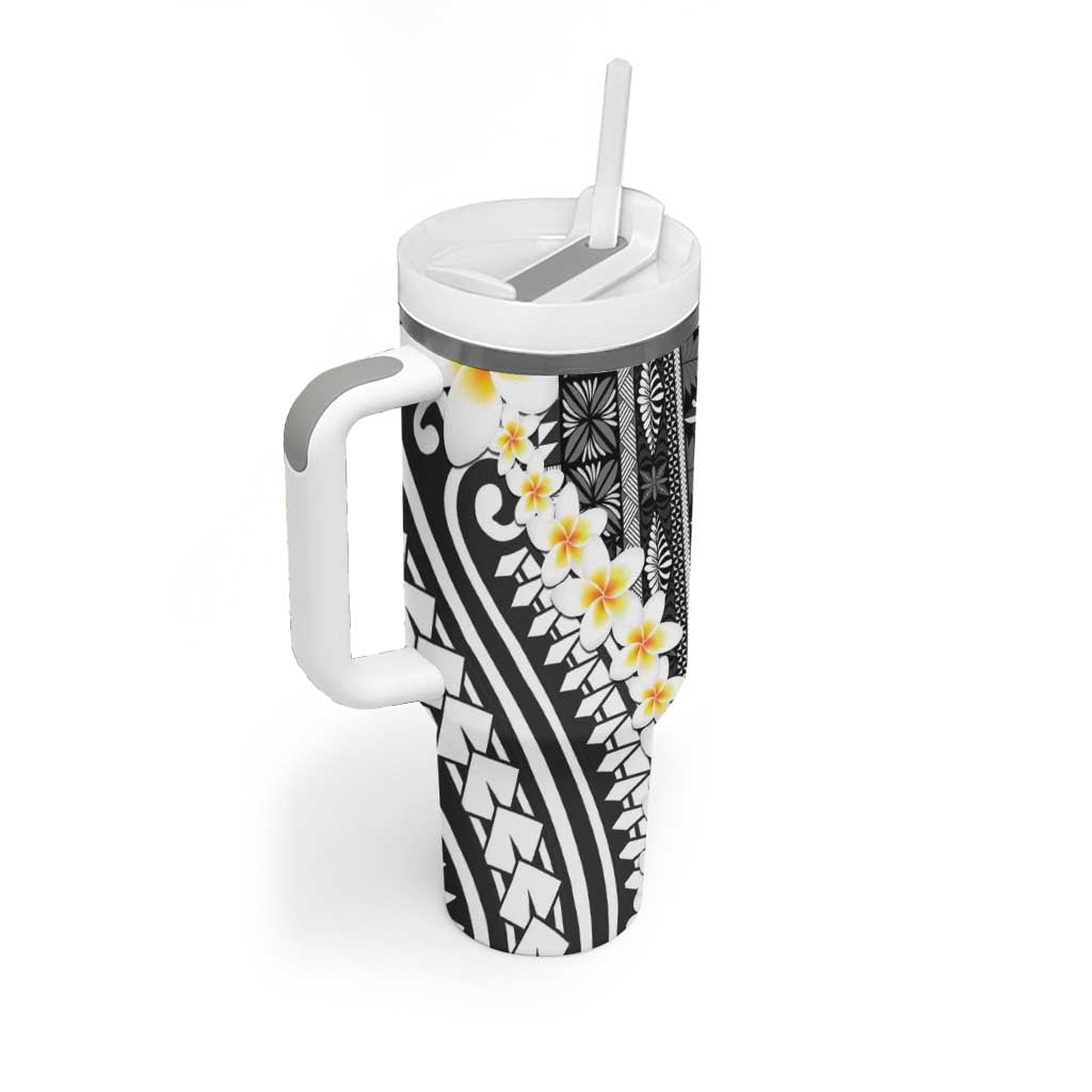 Black Vintage Tonga Ngatu Pattern With Plumeria Tumbler With Handle - Polynesian Pride