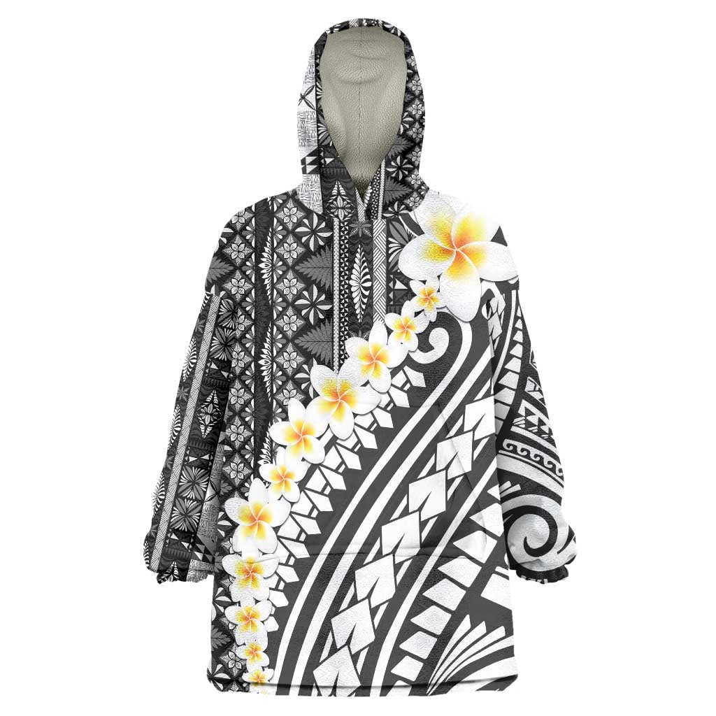 Black Vintage Tonga Ngatu Pattern With Plumeria Wearable Blanket Hoodie LT05 One Size Black - Polynesian Pride