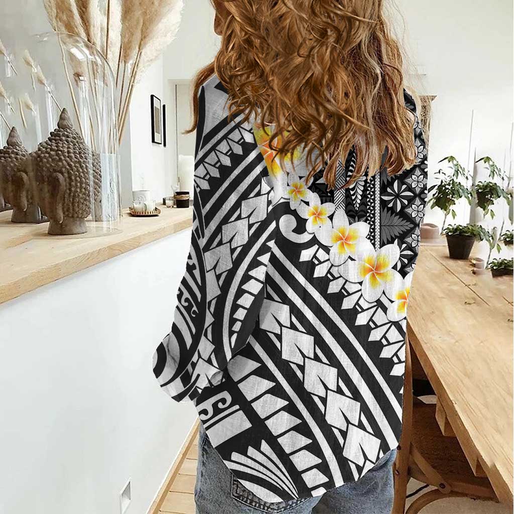 Black Vintage Tonga Ngatu Pattern With Plumeria Women Casual Shirt - Polynesian Pride