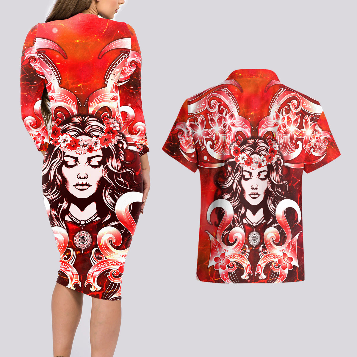 Hawaii Goddess Of Fire Madame Pele Couples Matching Long Sleeve Bodycon Dress and Hawaiian Shirt Polynesian Style LT05 - Polynesian Pride