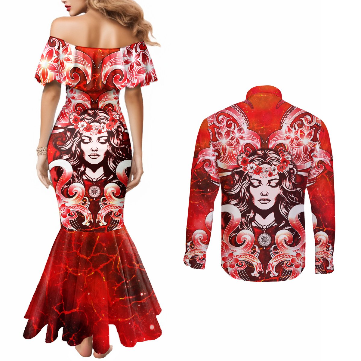 Hawaii Goddess Of Fire Madame Pele Couples Matching Mermaid Dress and Long Sleeve Button Shirt Polynesian Style LT05 - Polynesian Pride