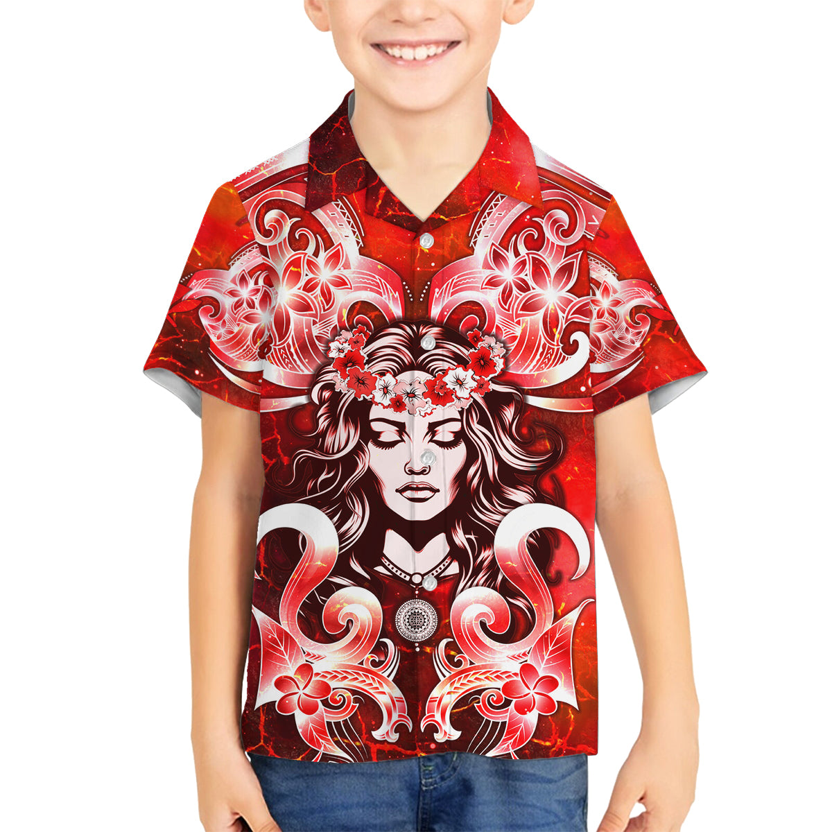 Hawaii Goddess Of Fire Madame Pele Family Matching Off Shoulder Long Sleeve Dress and Hawaiian Shirt Polynesian Style LT05 Son's Shirt Red - Polynesian Pride