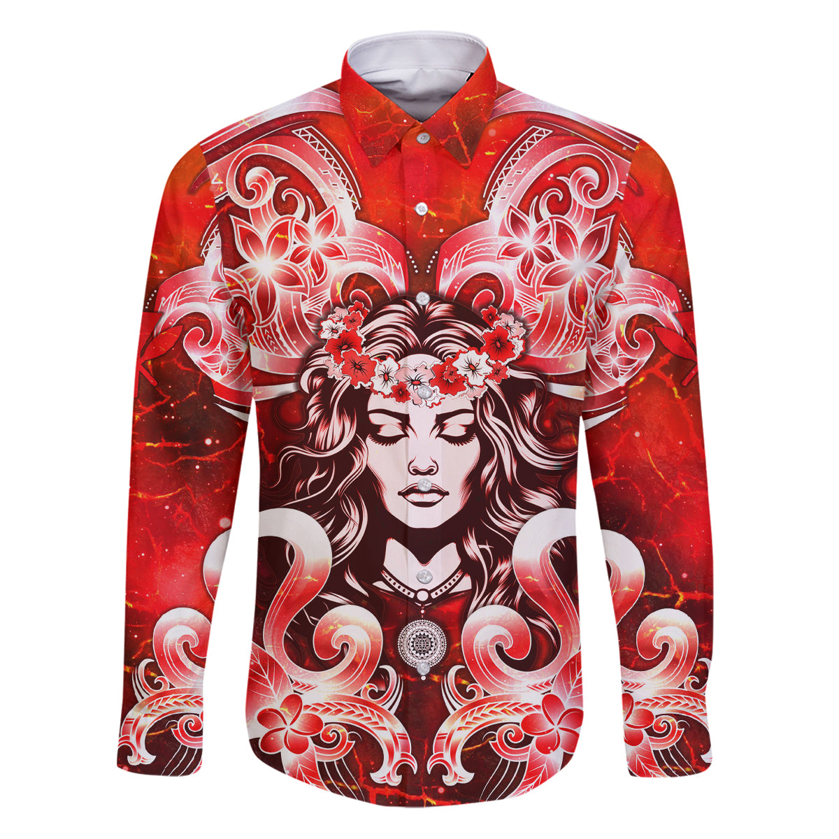 Hawaii Goddess Of Fire Madame Pele Family Matching Puletasi and Hawaiian Shirt Polynesian Style LT05 Dad's Shirt - Long Sleeve Red - Polynesian Pride
