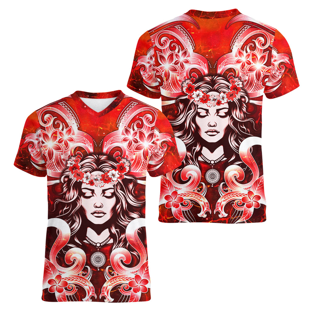 Hawaii Goddess Of Fire Madame Pele Women V Neck T Shirt Polynesian Style LT05 - Polynesian Pride