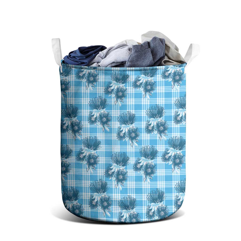 Blue Palaka Hawaii Laundry Basket Hawaiian Lehua Blossoms