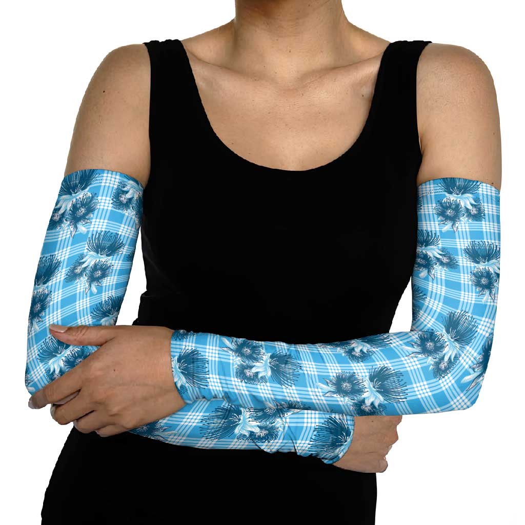 Blue Palaka Hawaii Arm Sleeves Hawaiian Lehua Blossoms