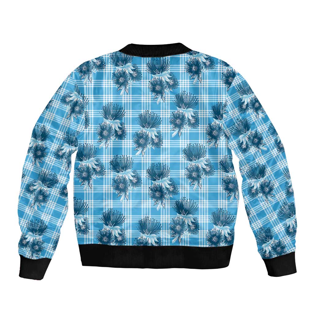 Blue Palaka Hawaii Bomber Jacket Hawaiian Lehua Blossoms