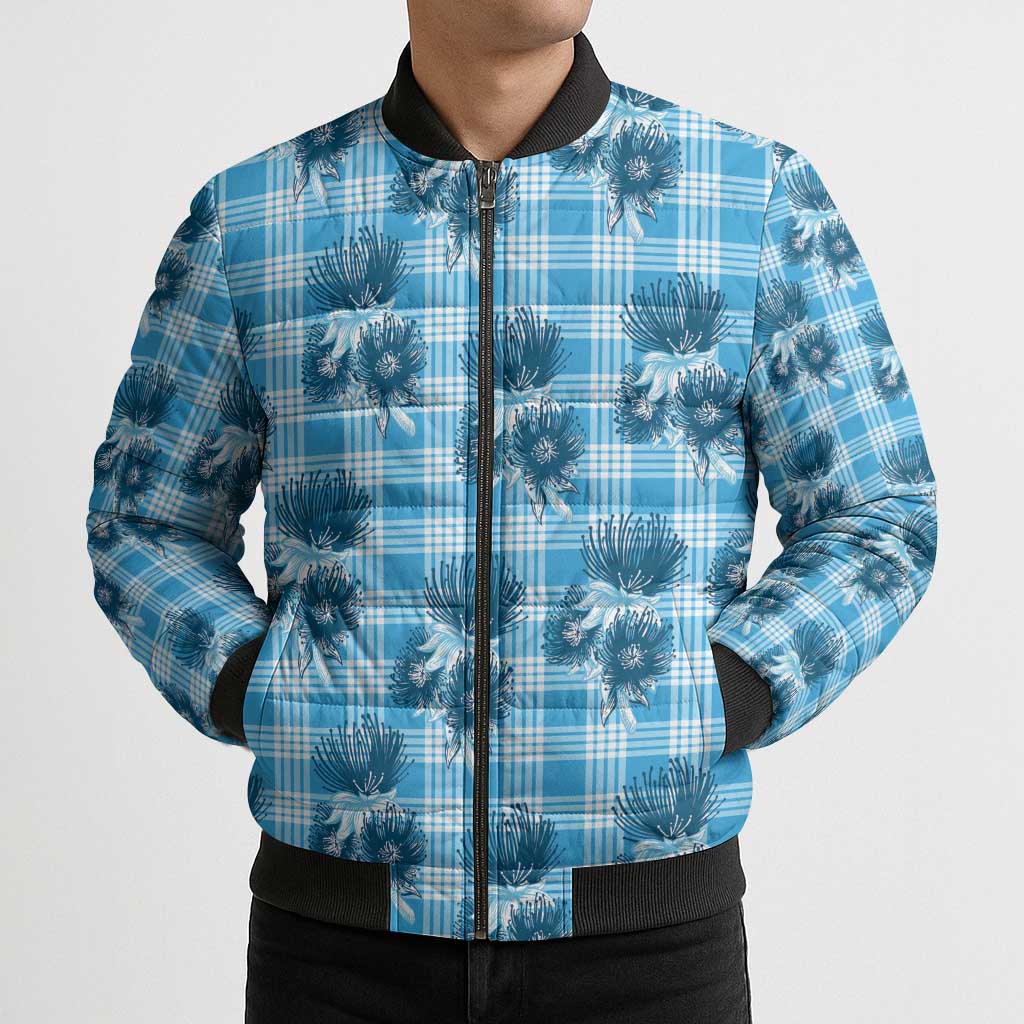 Blue Palaka Hawaii Bomber Puffer Jacket Hawaiian Lehua Blossoms