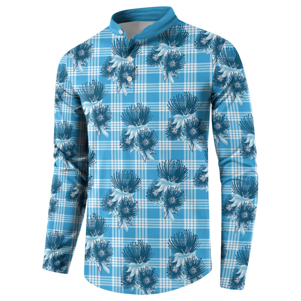 Blue Palaka Hawaii Button Sweatshirt Hawaiian Lehua Blossoms