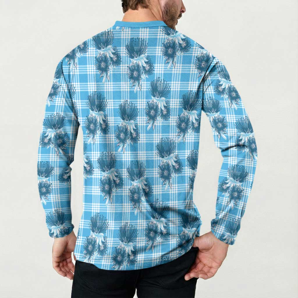 Blue Palaka Hawaii Button Sweatshirt Hawaiian Lehua Blossoms