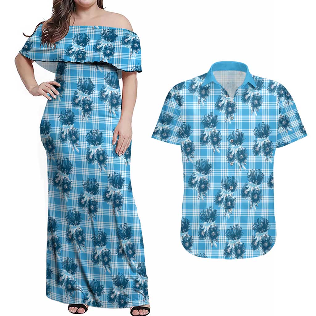 Blue Palaka Hawaii Couples Matching Off Shoulder Maxi Dress and Hawaiian Shirt Hawaiian Lehua Blossoms LT05 Blue - Polynesian Pride