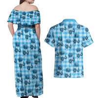 Blue Palaka Hawaii Couples Matching Off Shoulder Maxi Dress and Hawaiian Shirt Hawaiian Lehua Blossoms LT05 - Polynesian Pride
