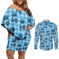 Blue Palaka Hawaii Couples Matching Off Shoulder Short Dress and Long Sleeve Button Shirt Hawaiian Lehua Blossoms