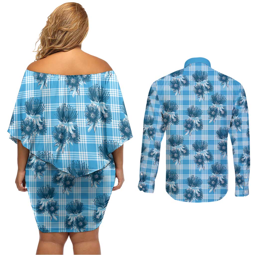 Blue Palaka Hawaii Couples Matching Off Shoulder Short Dress and Long Sleeve Button Shirt Hawaiian Lehua Blossoms
