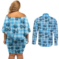 Blue Palaka Hawaii Couples Matching Off Shoulder Short Dress and Long Sleeve Button Shirt Hawaiian Lehua Blossoms