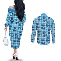 Blue Palaka Hawaii Couples Matching Off The Shoulder Long Sleeve Dress and Long Sleeve Button Shirt Hawaiian Lehua Blossoms