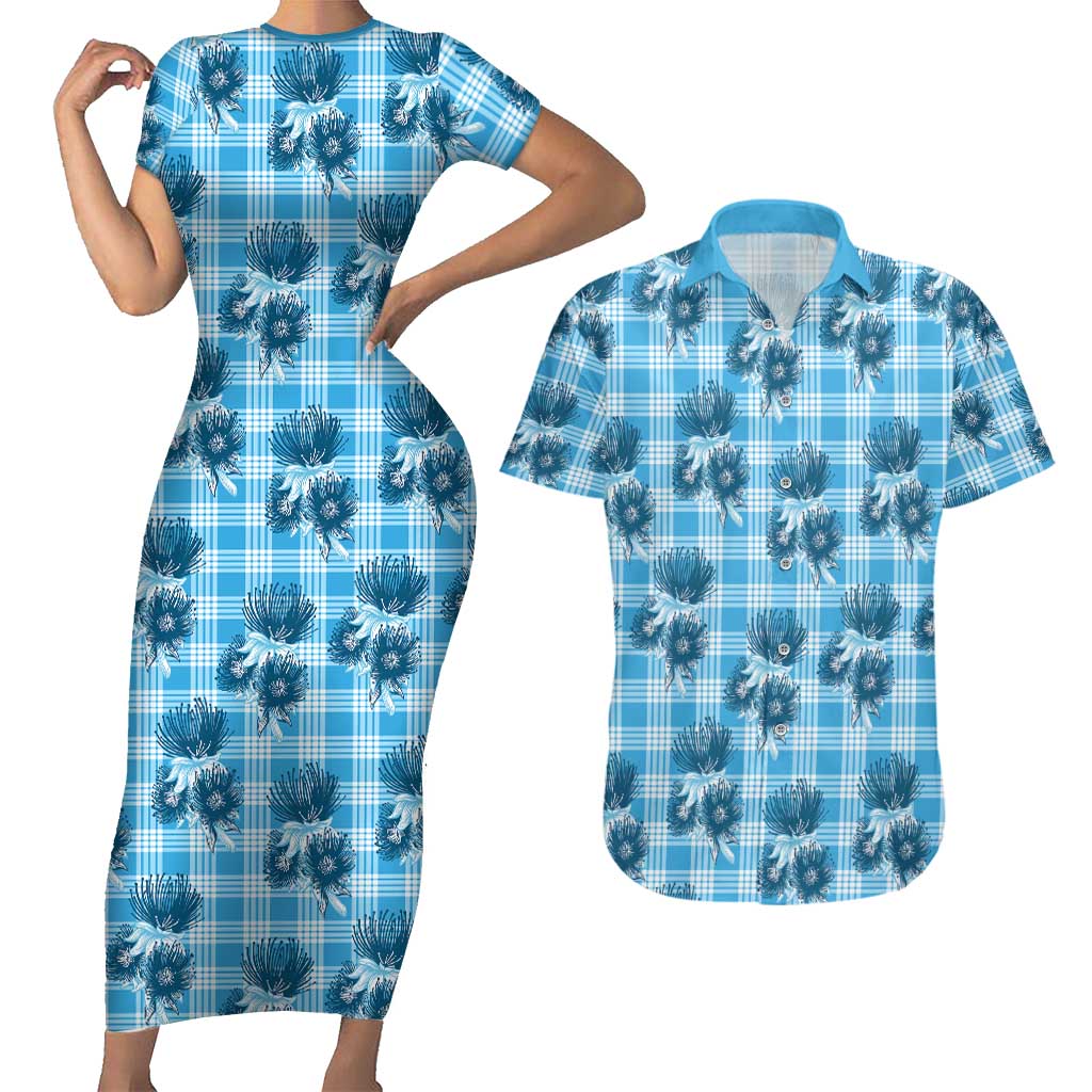 Blue Palaka Hawaii Couples Matching Short Sleeve Bodycon Dress and Hawaiian Shirt Hawaiian Lehua Blossoms