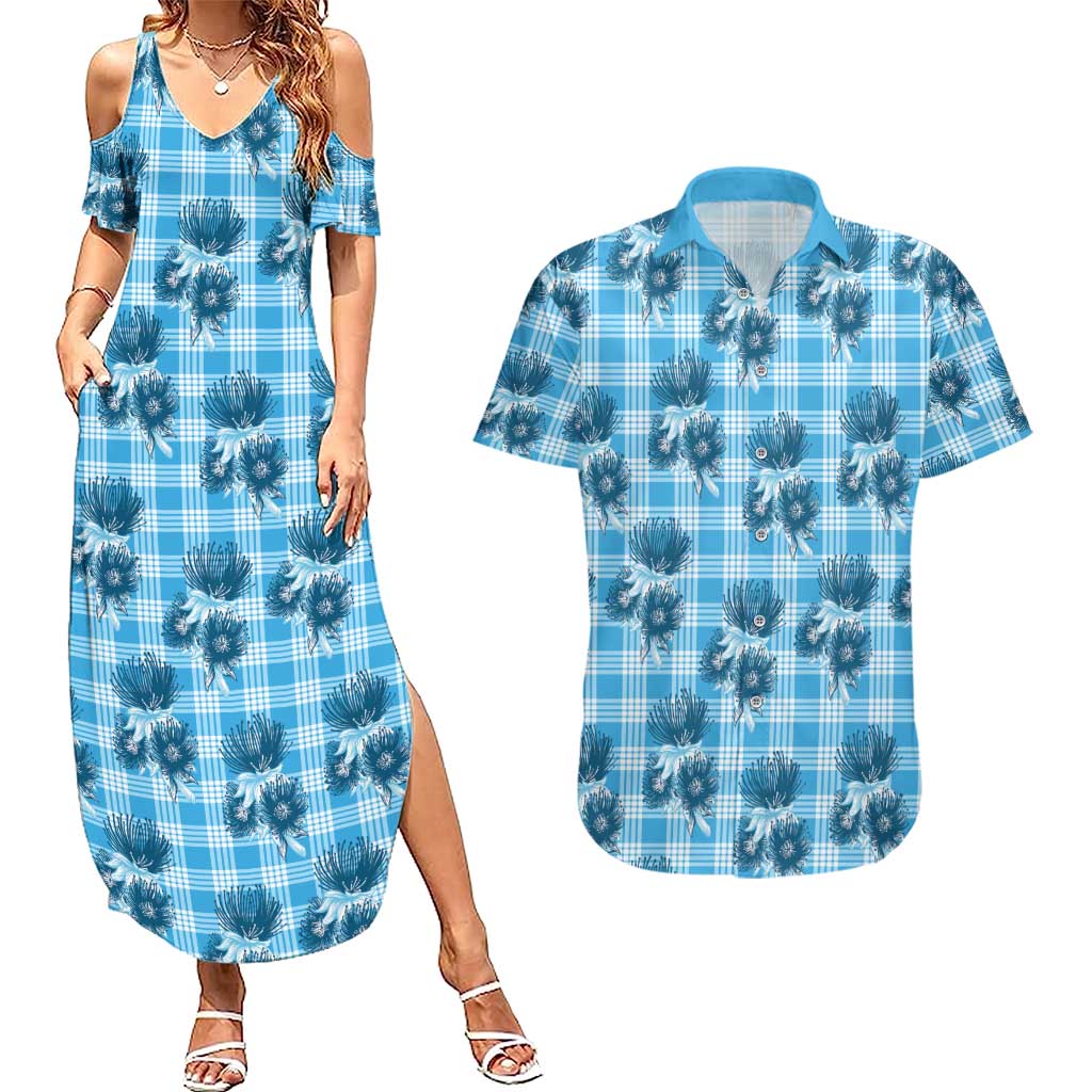 Blue Palaka Hawaii Couples Matching Summer Maxi Dress and Hawaiian Shirt Hawaiian Lehua Blossoms