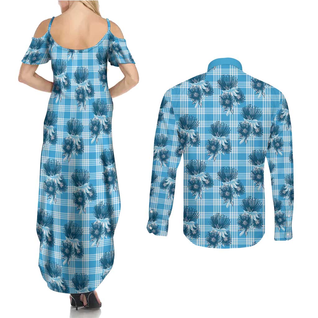 Blue Palaka Hawaii Couples Matching Summer Maxi Dress and Long Sleeve Button Shirt Hawaiian Lehua Blossoms
