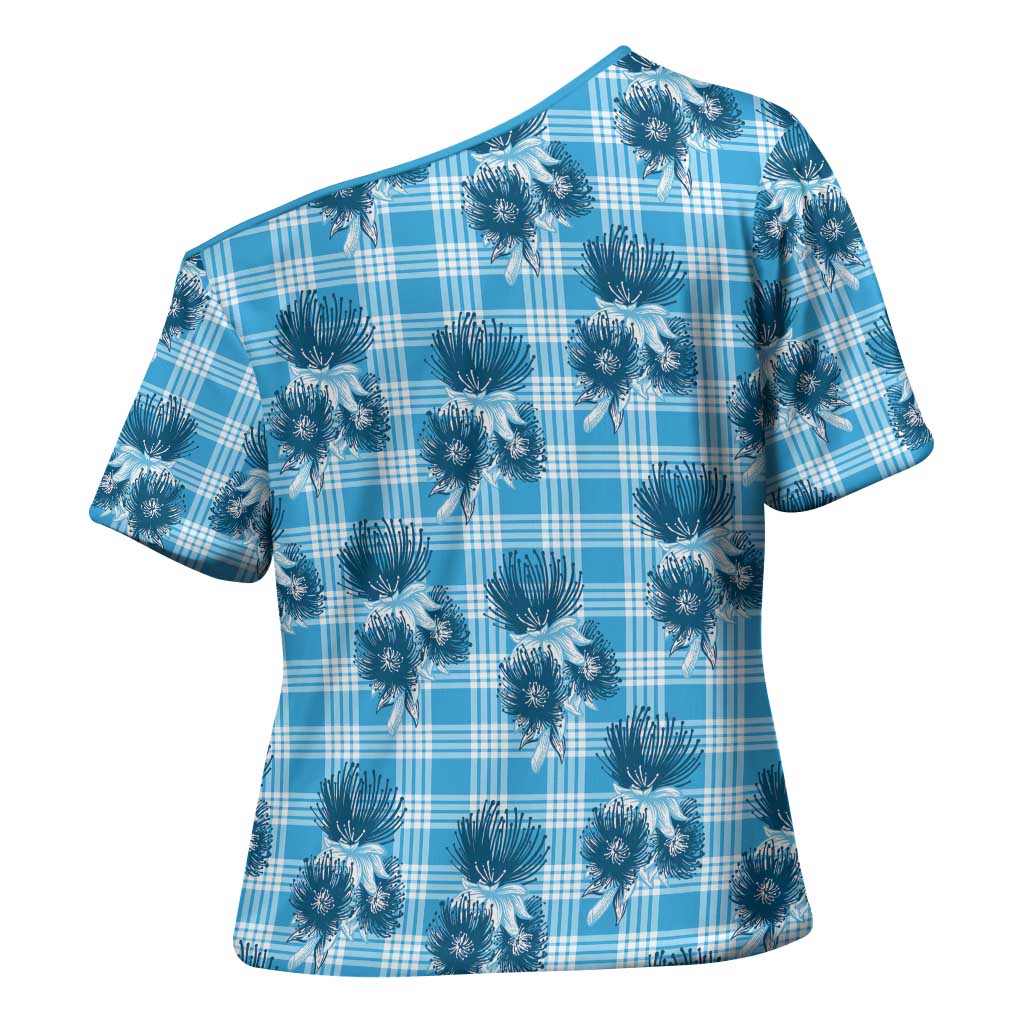 Blue Palaka Hawaii Cross Shoulder Shirt Hawaiian Lehua Blossoms