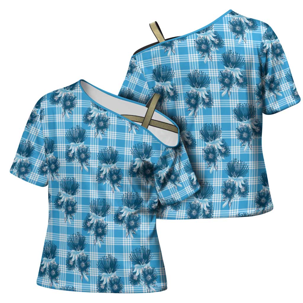 Blue Palaka Hawaii Cross Shoulder Shirt Hawaiian Lehua Blossoms