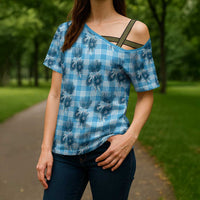 Blue Palaka Hawaii Cross Shoulder Shirt Hawaiian Lehua Blossoms