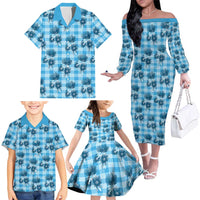 Blue Palaka Hawaii Family Matching Off The Shoulder Long Sleeve Dress and Hawaiian Shirt Hawaiian Lehua Blossoms LT05 - Polynesian Pride