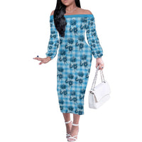Blue Palaka Hawaii Family Matching Off The Shoulder Long Sleeve Dress and Hawaiian Shirt Hawaiian Lehua Blossoms LT05 Mom's Dress Blue - Polynesian Pride