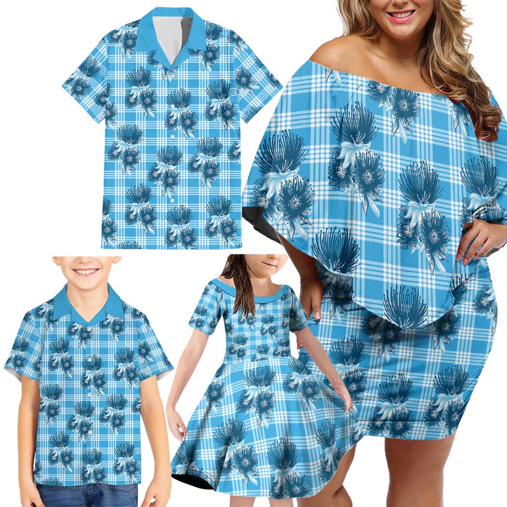 Blue Palaka Hawaii Family Matching Off Shoulder Short Dress and Hawaiian Shirt Hawaiian Lehua Blossoms