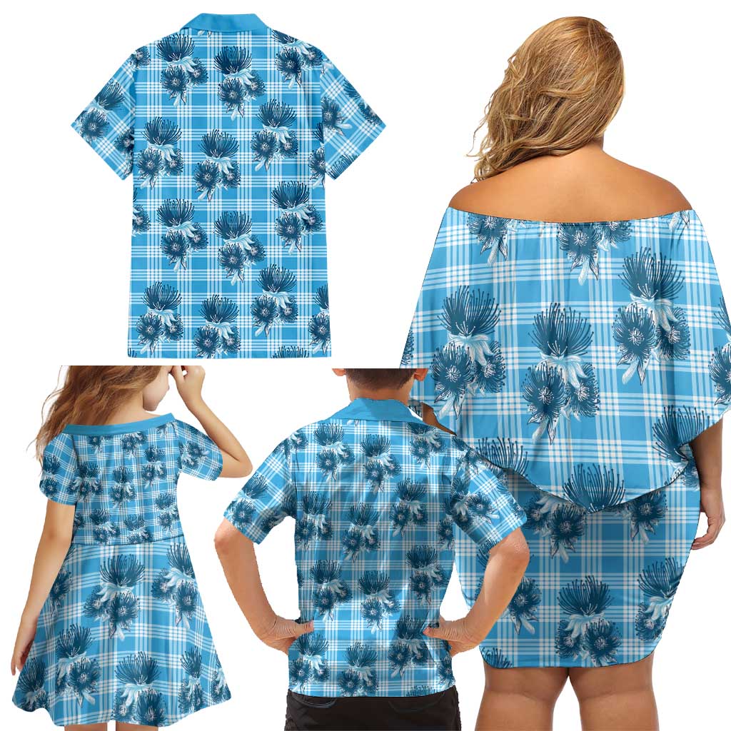 Blue Palaka Hawaii Family Matching Off Shoulder Short Dress and Hawaiian Shirt Hawaiian Lehua Blossoms LT05 - Polynesian Pride
