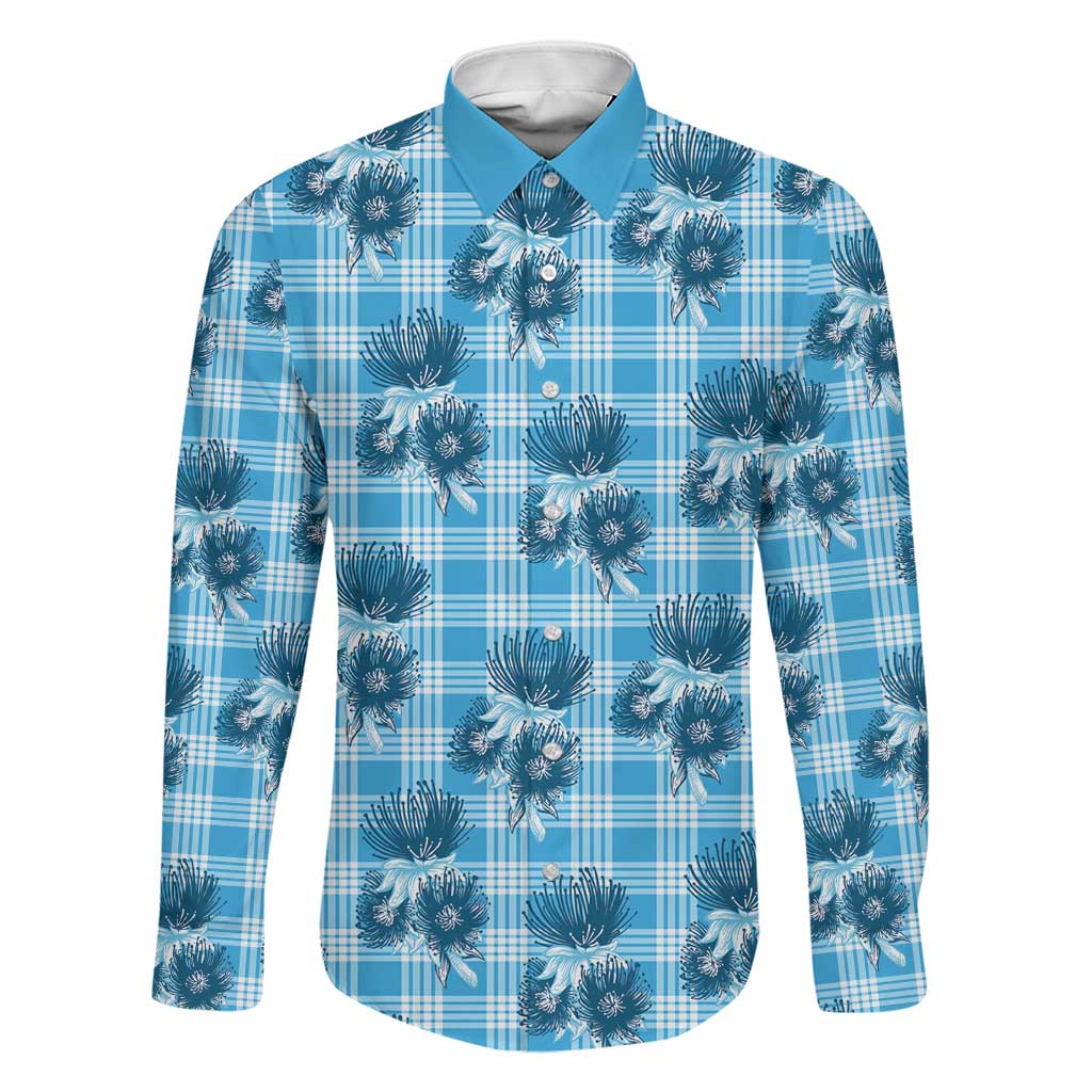 Blue Palaka Hawaii Family Matching Off Shoulder Short Dress and Hawaiian Shirt Hawaiian Lehua Blossoms LT05 Dad's Shirt - Long Sleeve Blue - Polynesian Pride