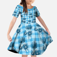Blue Palaka Hawaii Family Matching Short Sleeve Bodycon Dress and Hawaiian Shirt Hawaiian Lehua Blossoms LT05 Daughter's Dress Blue - Polynesian Pride