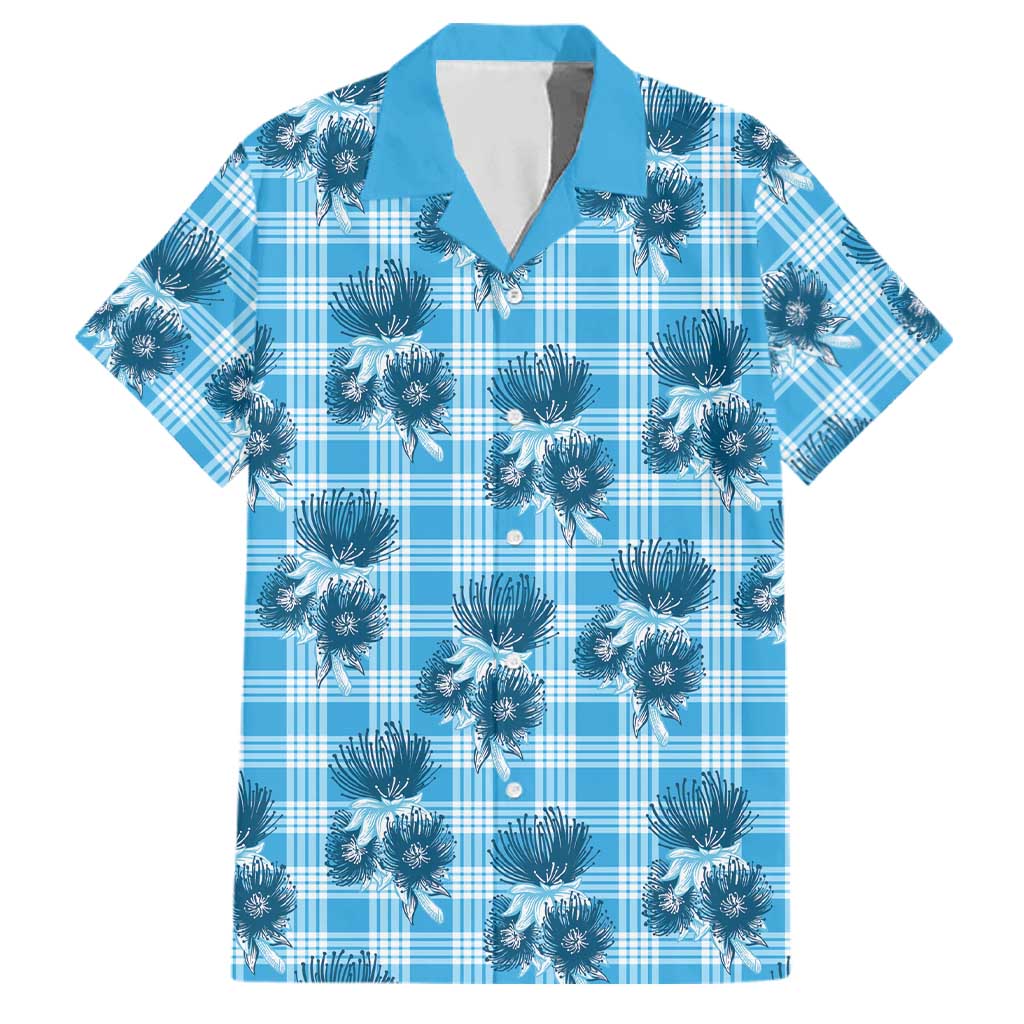 Blue Palaka Hawaii Family Matching Tank Maxi Dress and Hawaiian Shirt Hawaiian Lehua Blossoms LT05 Dad's Shirt - Short Sleeve Blue - Polynesian Pride