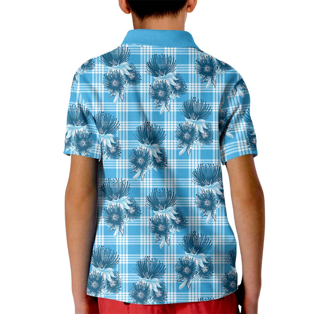 Blue Palaka Hawaii Kid Polo Shirt Hawaiian Lehua Blossoms