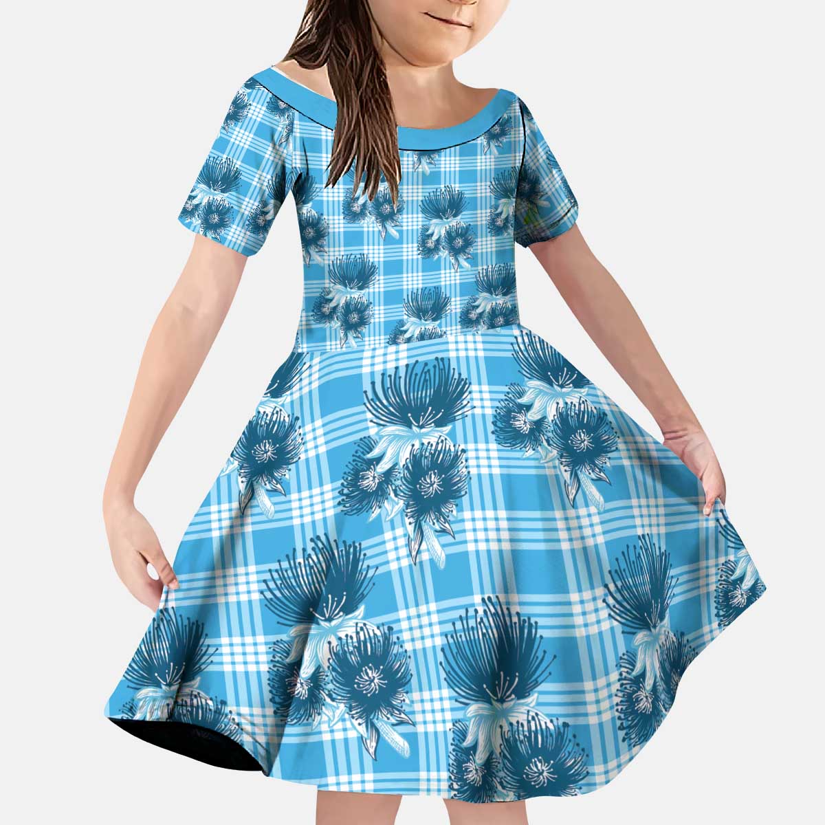 Blue Palaka Hawaii Kid Short Sleeve Dress Hawaiian Lehua Blossoms