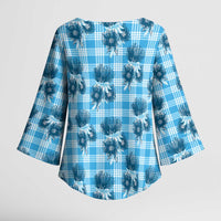 Blue Palaka Hawaii Kimono Sleeve Blouse Hawaiian Lehua Blossoms