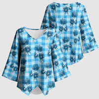 Blue Palaka Hawaii Kimono Sleeve Blouse Hawaiian Lehua Blossoms