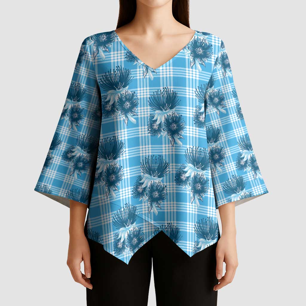 Blue Palaka Hawaii Kimono Sleeve Blouse Hawaiian Lehua Blossoms