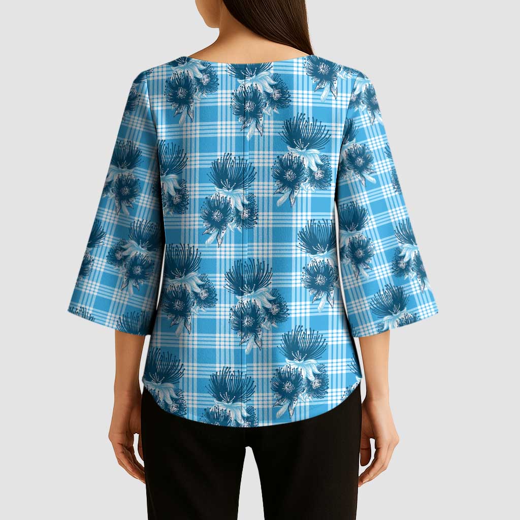 Blue Palaka Hawaii Kimono Sleeve Blouse Hawaiian Lehua Blossoms