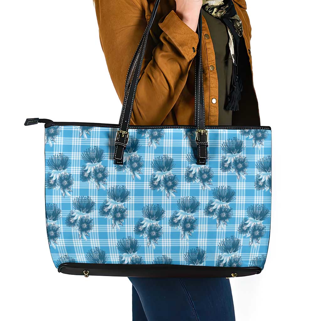 Blue Palaka Hawaii Leather Tote Bag Hawaiian Lehua Blossoms