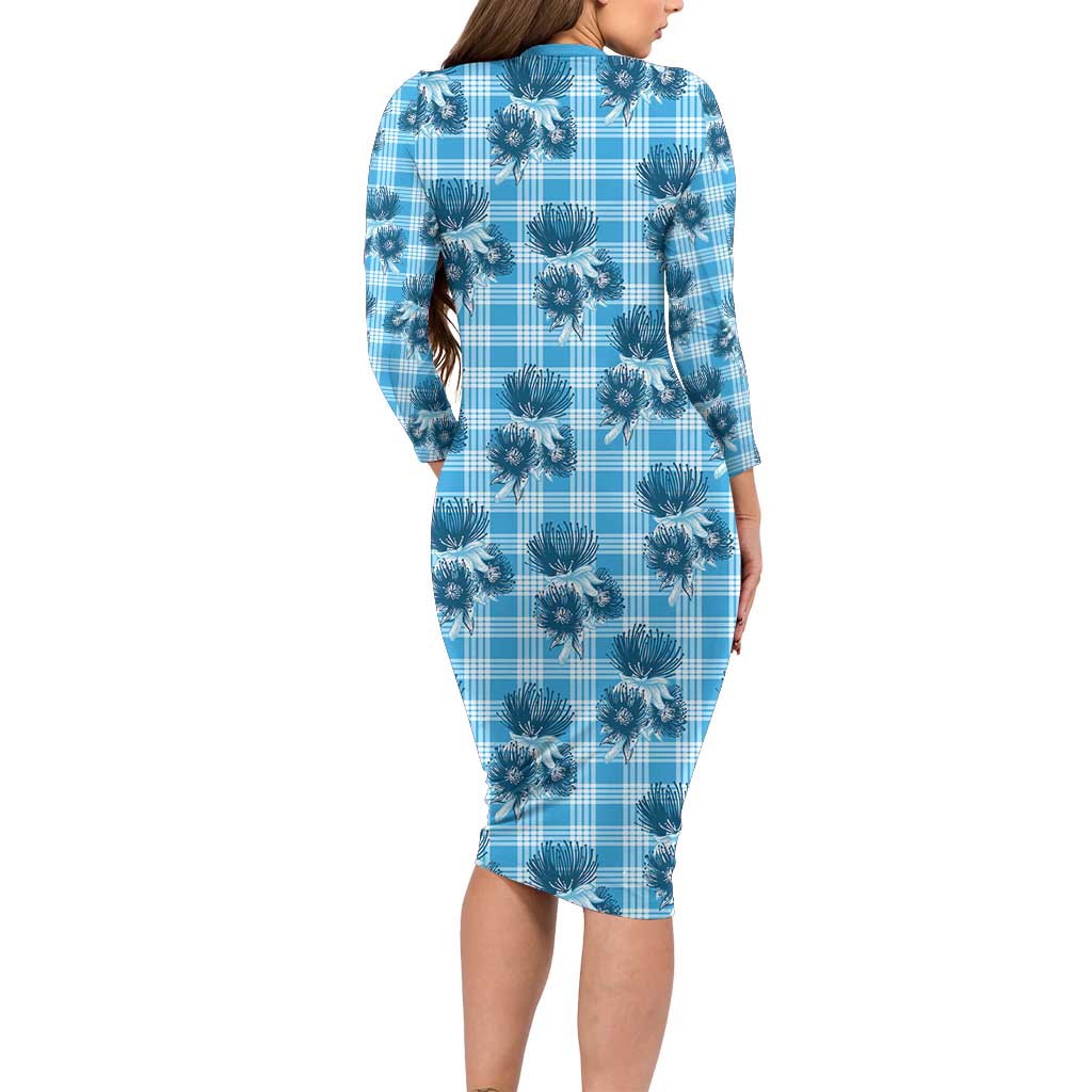 Blue Palaka Hawaii Long Sleeve Bodycon Dress Hawaiian Lehua Blossoms