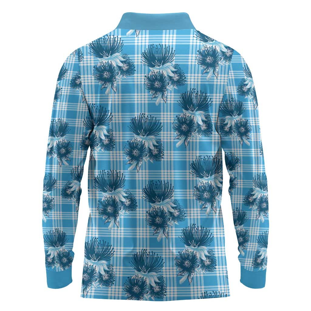 Blue Palaka Hawaii Long Sleeve Polo Shirt Hawaiian Lehua Blossoms