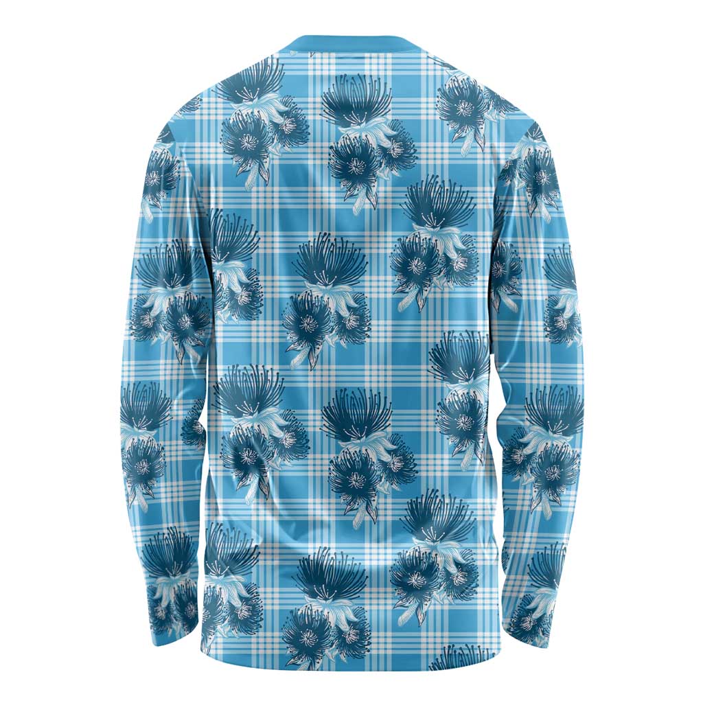Blue Palaka Hawaii Long Sleeve Shirt Hawaiian Lehua Blossoms