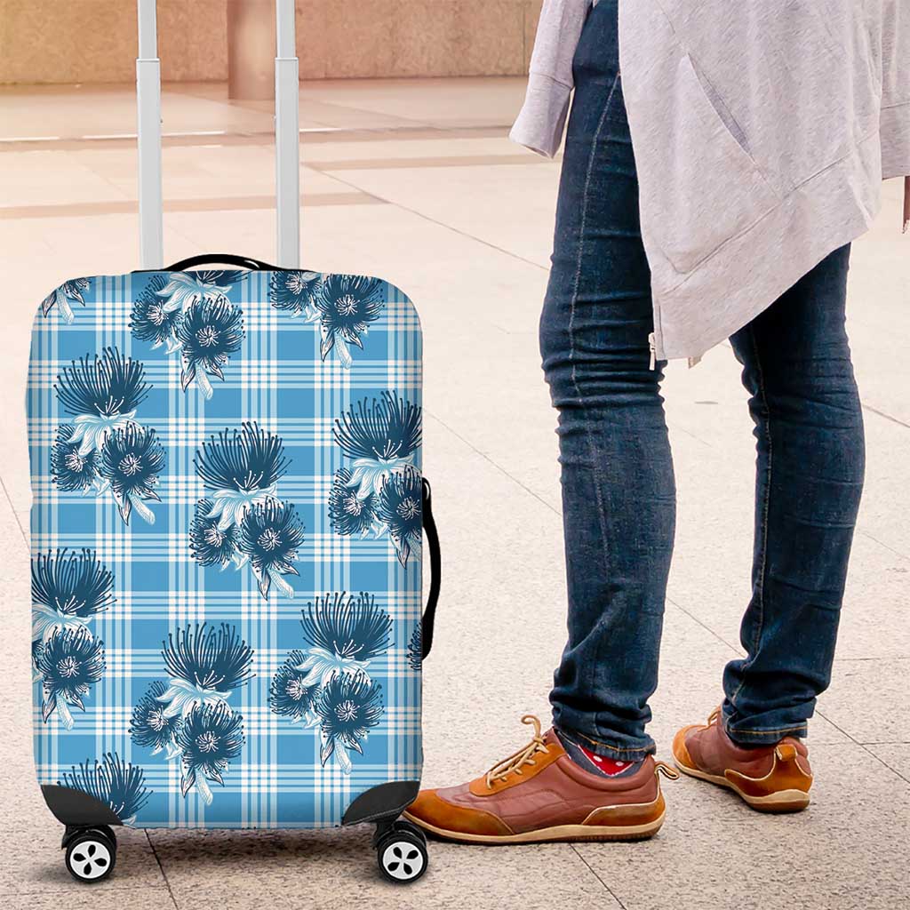 Blue Palaka Hawaii Luggage Cover Hawaiian Lehua Blossoms