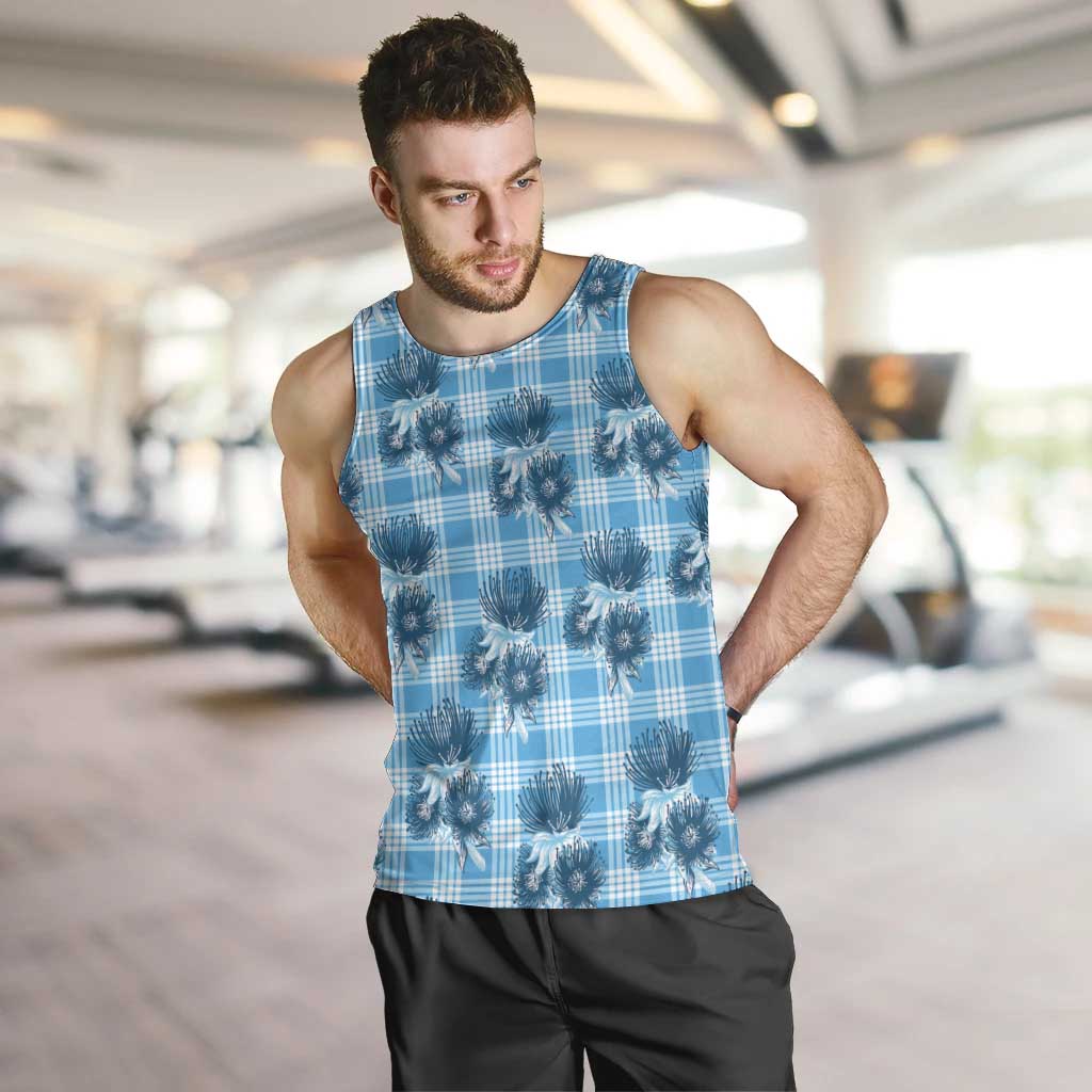 Blue Palaka Hawaii Men Tank Top Hawaiian Lehua Blossoms