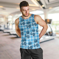 Blue Palaka Hawaii Men Tank Top Hawaiian Lehua Blossoms