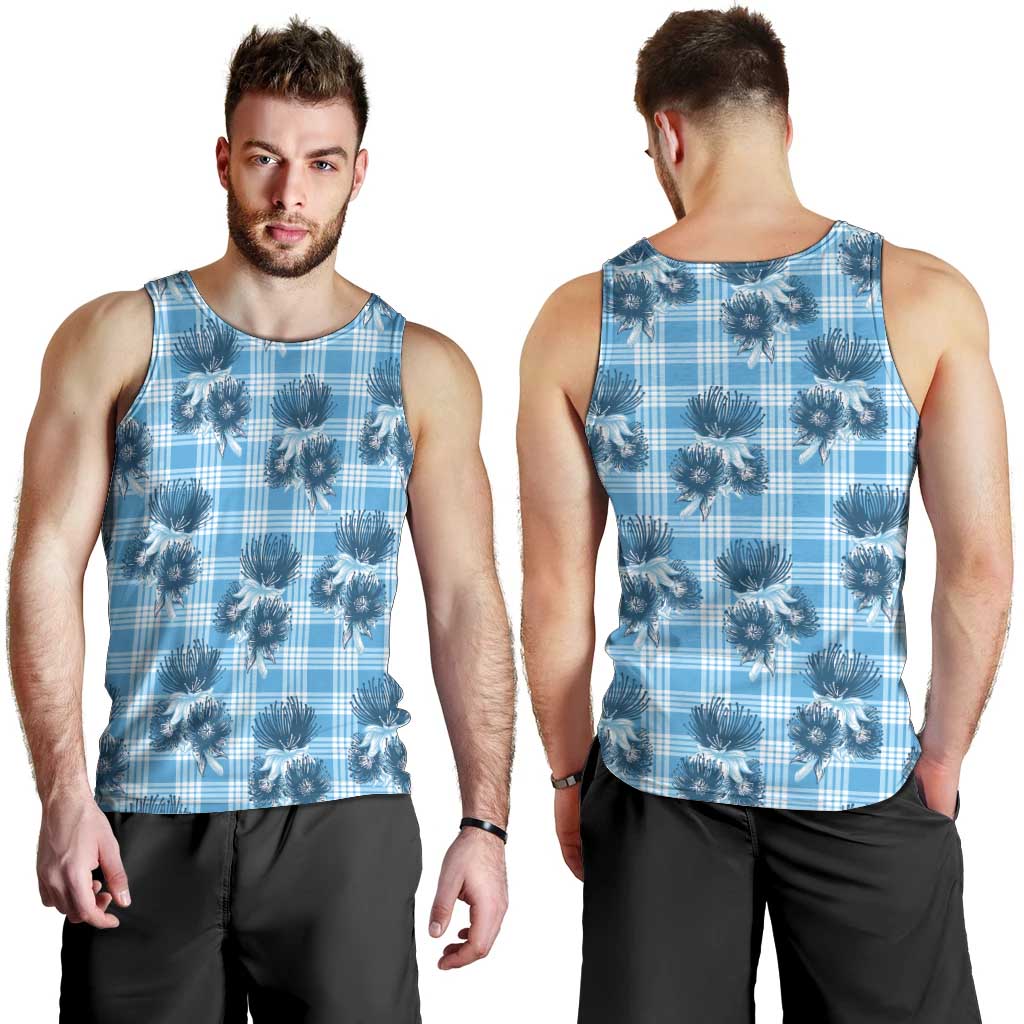 Blue Palaka Hawaii Men Tank Top Hawaiian Lehua Blossoms