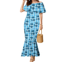 Blue Palaka Hawaii Mermaid Dress Hawaiian Lehua Blossoms