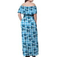 Blue Palaka Hawaii Off Shoulder Maxi Dress Hawaiian Lehua Blossoms