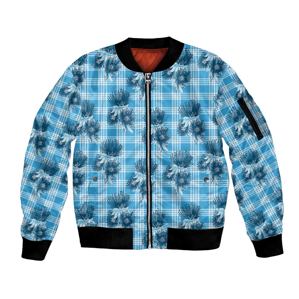 Blue Palaka Hawaii Sleeve Zip Bomber Jacket Hawaiian Lehua Blossoms